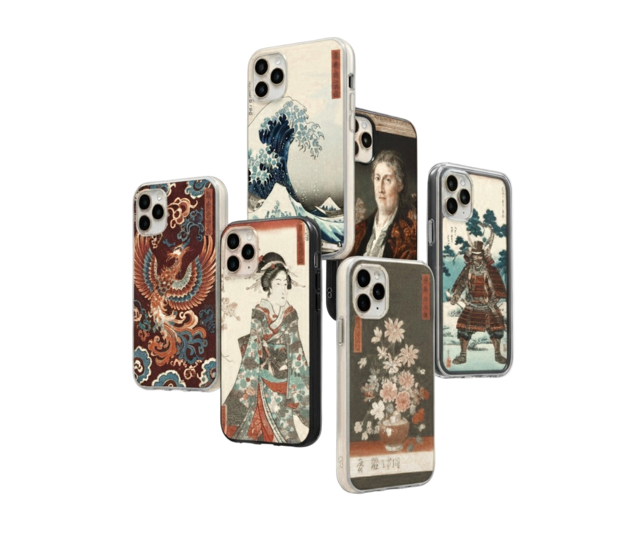 Set of phone cases with artistic designs on a white background