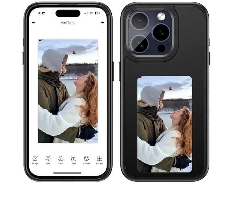 Phone case with a design of a couple in winter clothing, displayed on a phone screen and phone case.